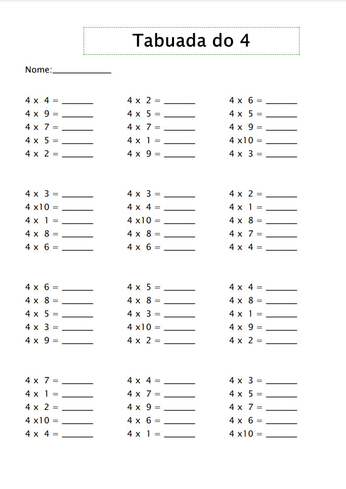 schedarionline - Tabuada do 4 (exercícios)