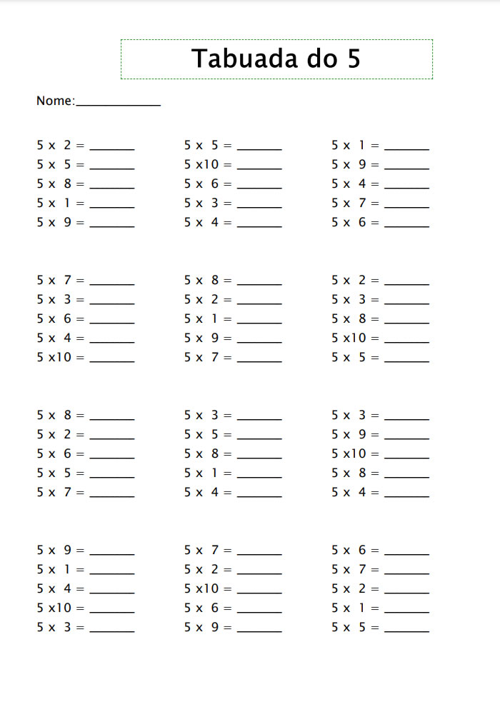 Tabuada de MULTIPLICAÇÃO para imprimir grande